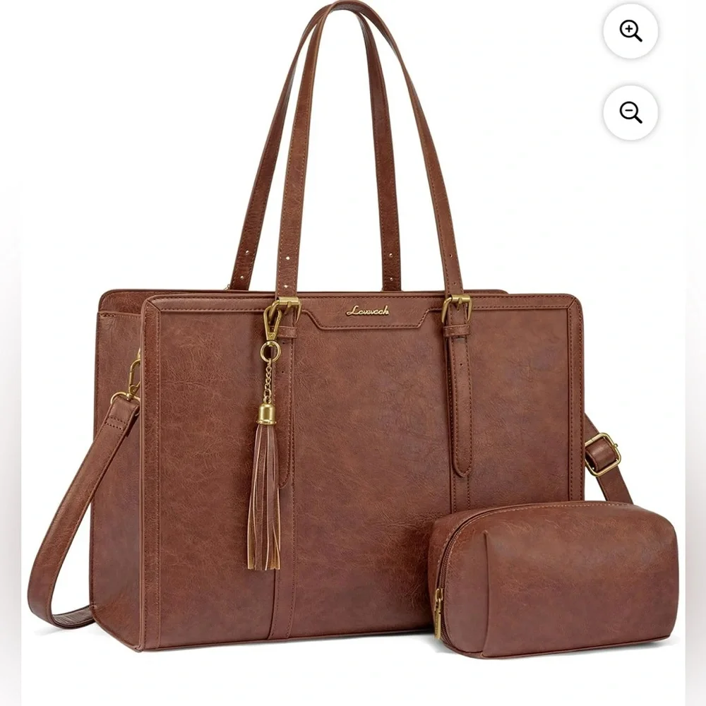 NWT LOVEVOOK Vintage Leather Laptop women’s Tote 15.6” with Clutch Purse.